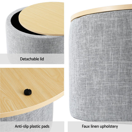 Artiss Storage Ottoman Blanket Box 60cm Linen Round Grey.