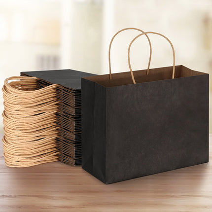 50pcs Bulk Paper Bags Pack Shopping Retail Gift Bags Reusable Soft Handle Black.