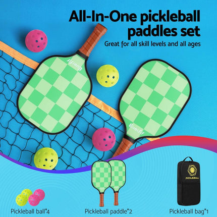 Everfit Pickleball Paddle Set Fiberglass with Balls Bag Tournament Kit 2PCS Pickle Balls Rackets.
