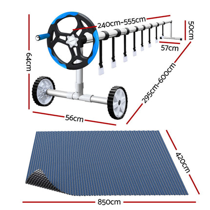 Aqua Buddy Pool Cover 600 Micron 8.5x4.2m w/ Blue Roller 5.55m Black Solar Blanket.