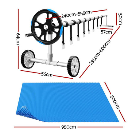 Aqua Buddy Pool Cover 600 Micron Solar Heat 9.5x5m Blanket w/ 5.55m Roller Blue.