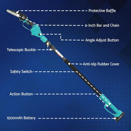 Giantz Telescopic Pole Chainsaw 6 Inch Cordless Tree Trimmer Kit 20V Battery.