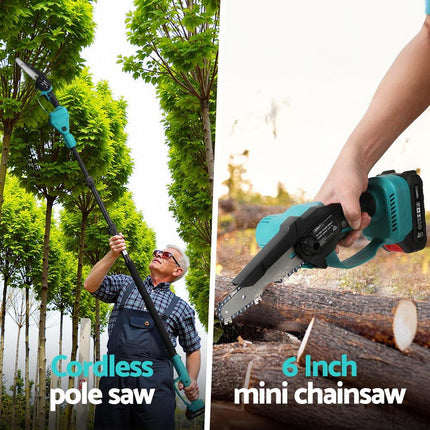 Giantz Telescopic Pole Chainsaw 6 Inch Cordless Tree Trimmer Kit 20V Battery.