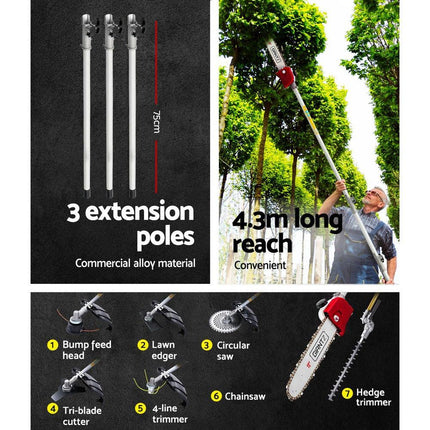 Giantz 4 Stroke Pole Chainsaw Petrol Hedge Trimmer Tree Pruner 12'' 7 In 1.