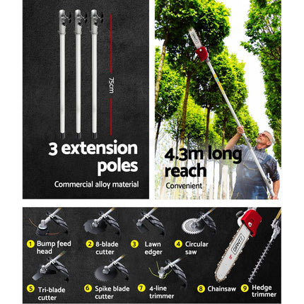 Giantz Pole Chainsaw 2 Stroke Petrol Tree Pruner Long Reach Saw 12 Inch Bar 9 In 1.