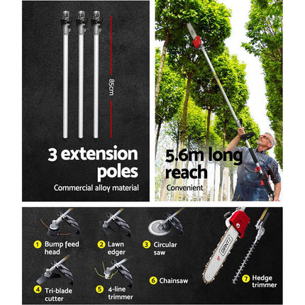 Giantz 65CC Pole Chainsaw Hedge Trimmer Brush Cutter Whipper Snipper 7-in-1 5.6m.