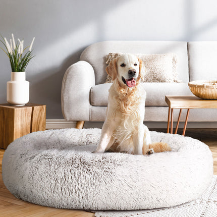 i.Pet Pet Bed Dog Cat 110cm Calming Extra Large Soft Plush White Brown.