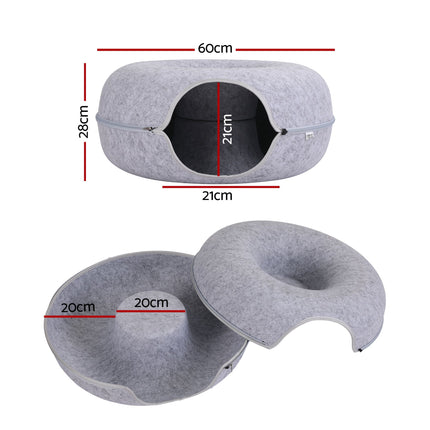 i.Pet Cat Bed with Tunnel 60x28CM Donut Felt Cave Hideaway Detachable Grey