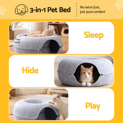 i.Pet Cat Bed with Tunnel 60x28CM Donut Felt Cave Hideaway Detachable Grey