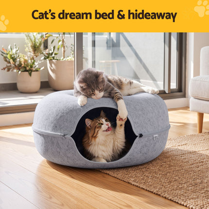 i.Pet Cat Bed with Tunnel 60x28CM Donut Felt Cave Hideaway Detachable Grey