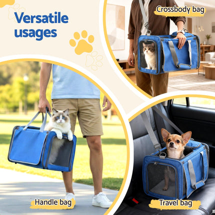 i.Pet Pet Carrier Bag Foldable Dog Cat Durable Crate Travel Cage Portable Car Kennel Blue.
