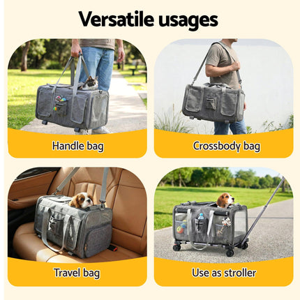 i.Pet Pet Carrier Swivel Wheels Foldable Cat Dog Trolley Stroller Travel Bag Grey.