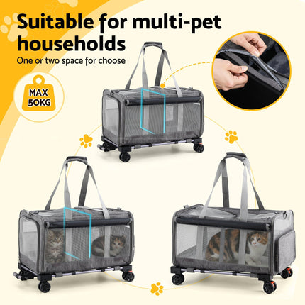 i.Pet Pet Carrier Swivel Wheels Foldable Cat Dog Trolley Stroller Travel Bag Grey.