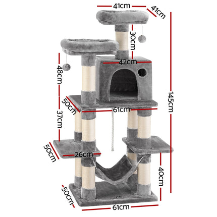 i.Pet Cat Tree 145cm Tower Scratching Post Trees Scratcher Condo House Light Grey.