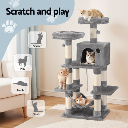 i.Pet Cat Tree 145cm Tower Scratching Post Trees Scratcher Condo House Light Grey.