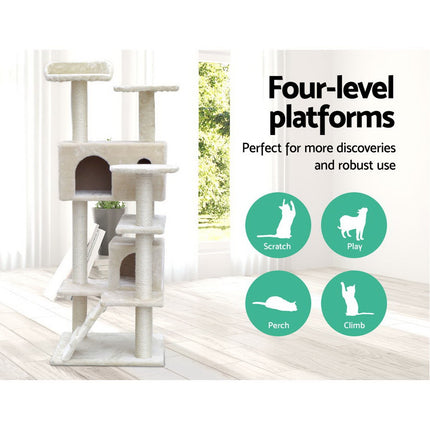 i.Pet Cat Tree 134cm Tower Scratching Post Scratcher Wood Condo House Bed Beige.