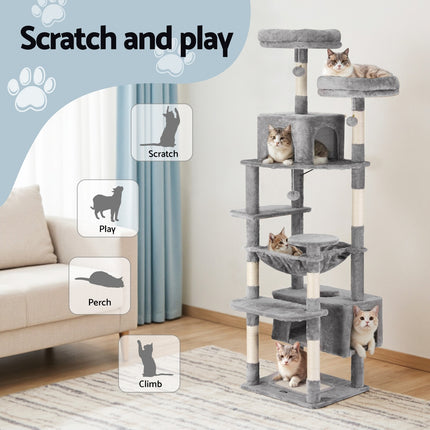 i.Pet Cat Tree 184cm Tower Scratching Post Trees Scratcher Condo House Light Grey.