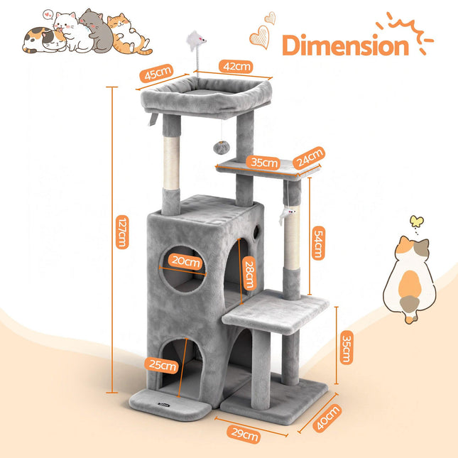 i.Pet Cat Tree Tower 127cm Scratching Post Furniture Scratcher House Light Grey.