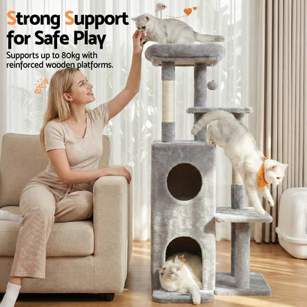 i.Pet Cat Tree Tower 127cm Scratching Post Furniture Scratcher House Light Grey.