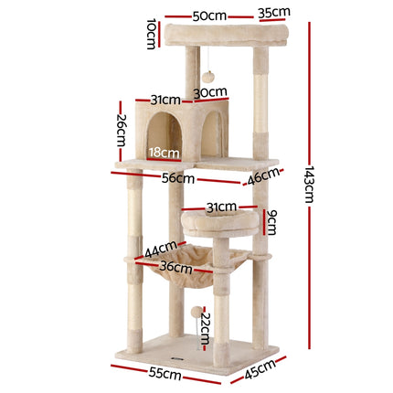 i.Pet Cat Tree 143cm Tower Scratching Post Trees Scratcher Condo House Beige.