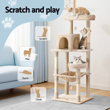 i.Pet Cat Tree 143cm Tower Scratching Post Trees Scratcher Condo House Beige.
