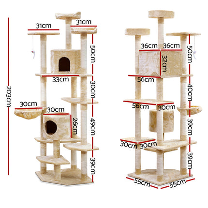 i.Pet Cat Tree 203cm Tower Scratching Post Scratcher Condo Trees House Bed Beige.