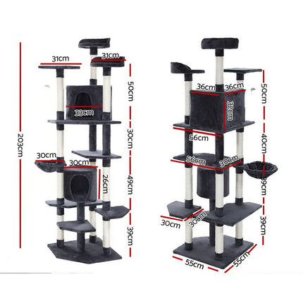 i.Pet Cat Tree 203cm Tower Scratching Post Scratcher Condo Trees House Bed Grey.