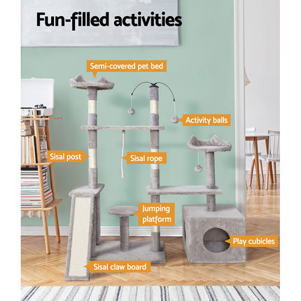 i.Pet Cat Tree 135cm Tower Scratching Post Scratcher Wood Condo House Toys Grey.