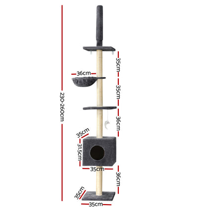 i.Pet Cat Tree 260cm Tower Scratching Post Scratcher Floor to Ceiling Cats Bed Dark Grey.