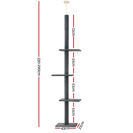 i.Pet Cat Tree 290cm Tower Scratching Post Scratcher Floor to Ceiling Cats Bed Grey.