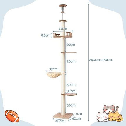 i.Pet Cat Tree Tower Floor to Ceiling Scratching Post 270cm Beige.