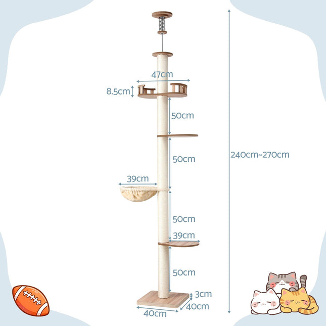 i.Pet Cat Tree Tower Floor to Ceiling Scratching Post 270cm Beige.
