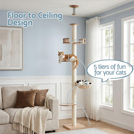 i.Pet Cat Tree Tower Floor to Ceiling Scratching Post 270cm Beige.