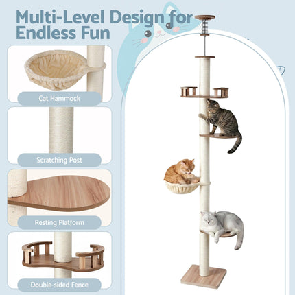 i.Pet Cat Tree Tower Floor to Ceiling Scratching Post 270cm Beige.