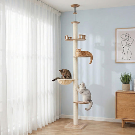 i.Pet Cat Tree Tower Floor to Ceiling Scratching Post 270cm Beige.
