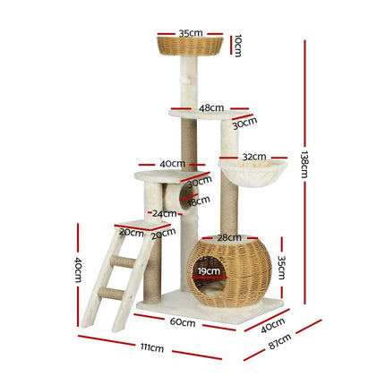 i.Pet Cat Tree 138cm Tower Scratching Post Scratcher Wood Bed Condo House Rattan Ladder.