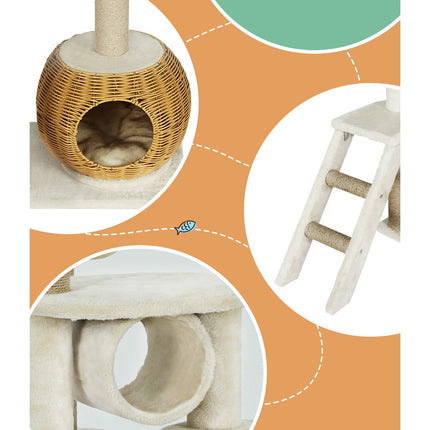 i.Pet Cat Tree 138cm Tower Scratching Post Scratcher Wood Bed Condo House Rattan Ladder.