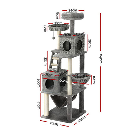 i.Pet Cat Tree 169cm Tower Scratching Post Scratcher Wood Bed Condo House Rattan Ladder.