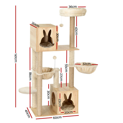 i.Pet Cat Tree 141cm Tower Scratching Post Scratcher Wood Bed Condo Toys House Ladder.