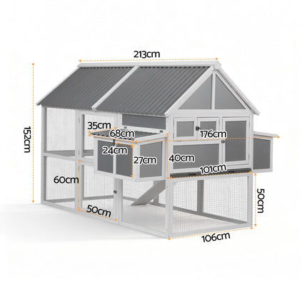 i.Pet Chicken Coop Large Outdoor Rabbit Hutch Chook House Hatch Box With Run Grey White.
