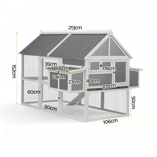 i.Pet Chicken Coop Large Outdoor Rabbit Hutch Chook House Hatch Box With Run Grey White.