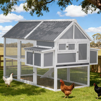 i.Pet Chicken Coop Large Outdoor Rabbit Hutch Chook House Hatch Box With Run Grey White.