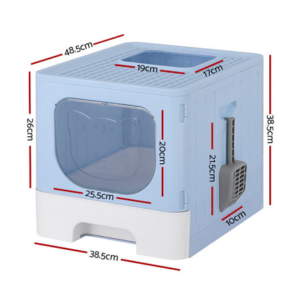 i.Pet Cat Litter Box Large Tray Kitty Toilet Enclosed Hooded Foldable Cat Litter Box Scoop Blue.