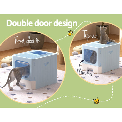 i.Pet Cat Litter Box Large Tray Kitty Toilet Enclosed Hooded Foldable Cat Litter Box Scoop Blue.