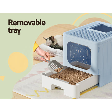 i.Pet Cat Litter Box Large Tray Kitty Toilet Enclosed Hooded Foldable Cat Litter Box Scoop Blue.