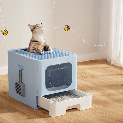 i.Pet Cat Litter Box Large Tray Kitty Toilet Enclosed Hooded Foldable Cat Litter Box Scoop Blue.