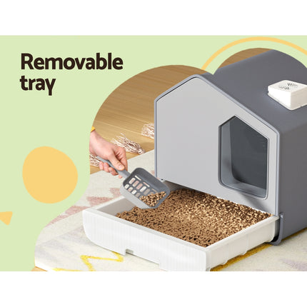 i.Pet Cat Litter Box Large Tray Kitty Toilet Enclosed Cat Litter Box Hooded Scoop Mat Grey.