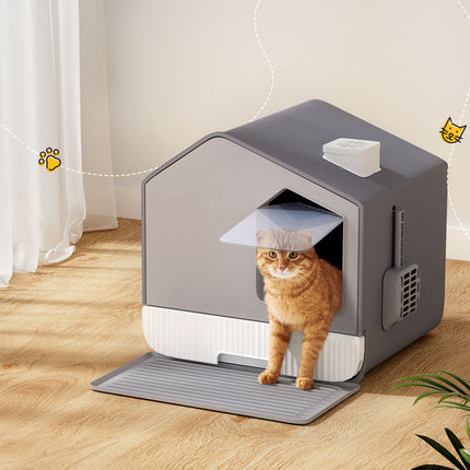 i.Pet Cat Litter Box Large Tray Kitty Toilet Enclosed Cat Litter Box Hooded Scoop Mat Grey.