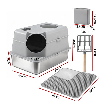 i.Pet Cat Litter Box Large Stainless Steel High Sided Pet Toilet Odour Control.