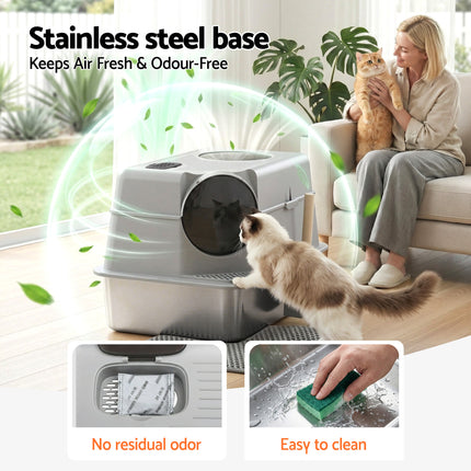 i.Pet Cat Litter Box Large Stainless Steel High Sided Pet Toilet Odour Control.
